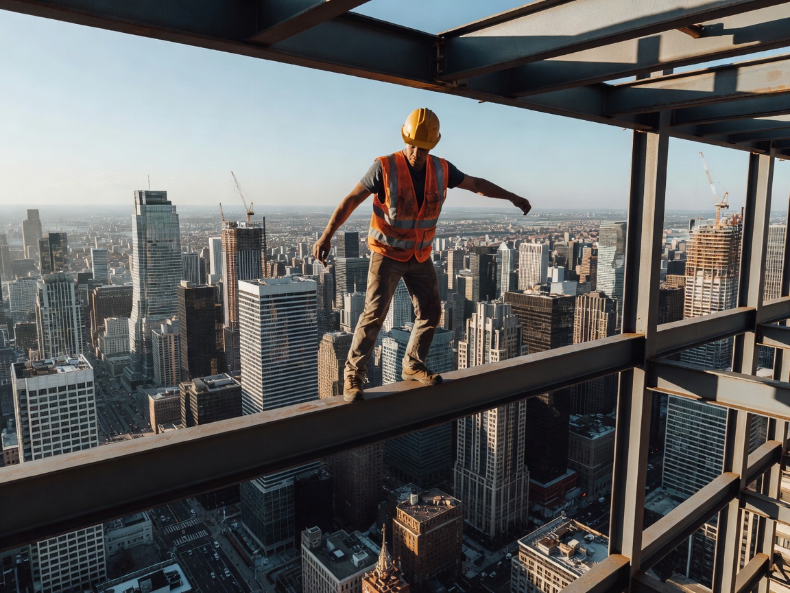 Construction worker balancing on narrow steel beams hundreds of feet above a city skyline