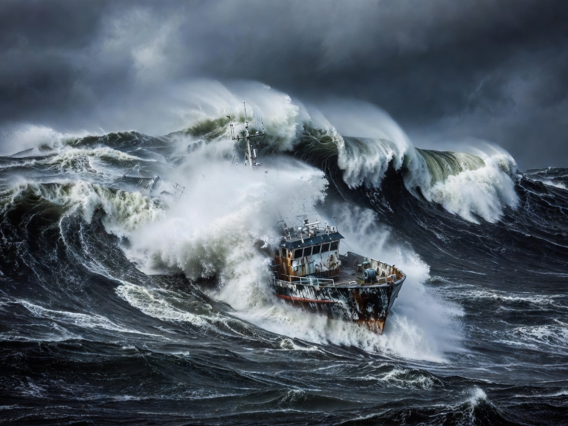 Fishing vessel plunging through massive freezing waves in the Bering Sea