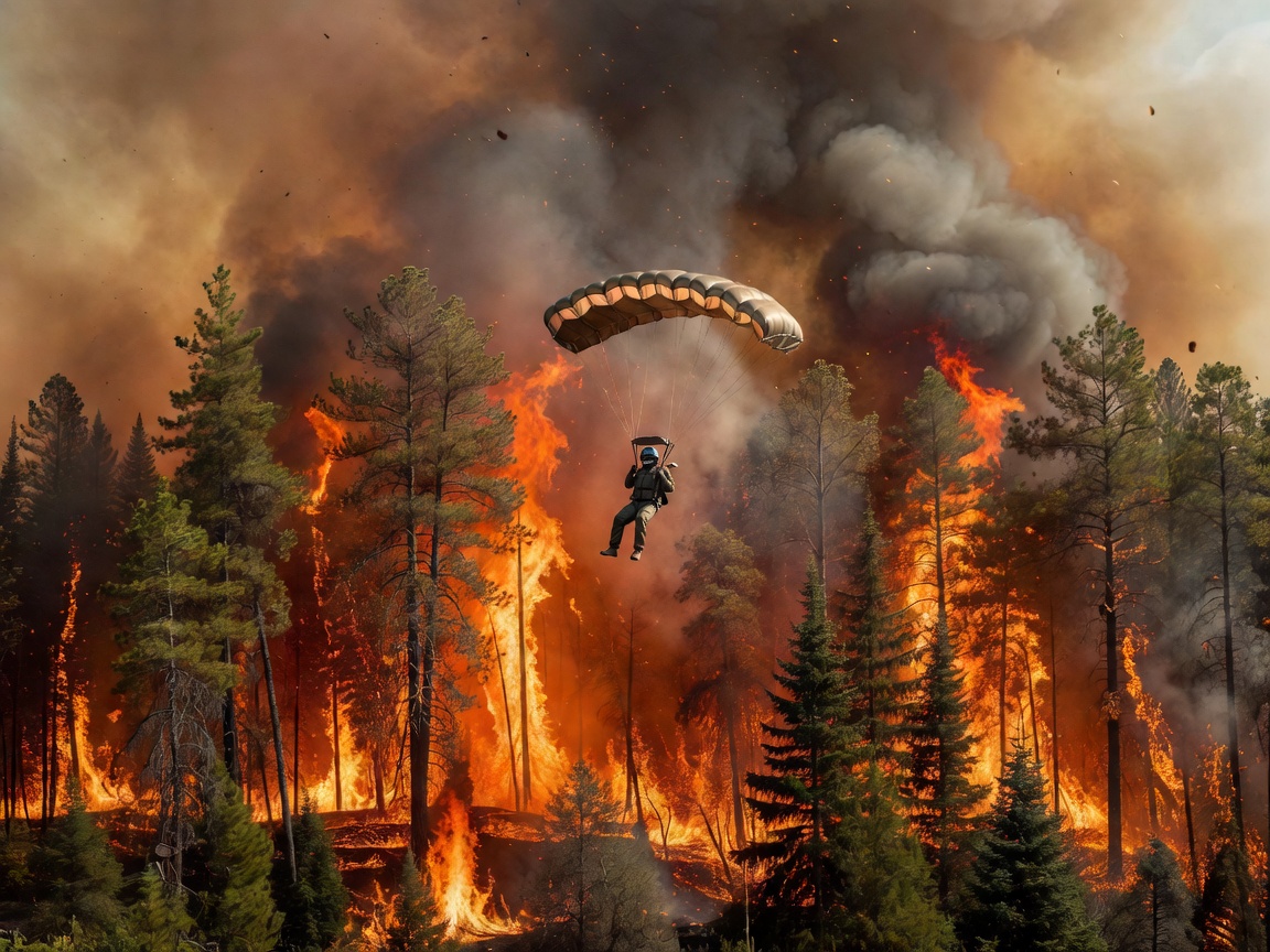 Parachutist descending toward a dense forest engulfed in thick smoke and flames