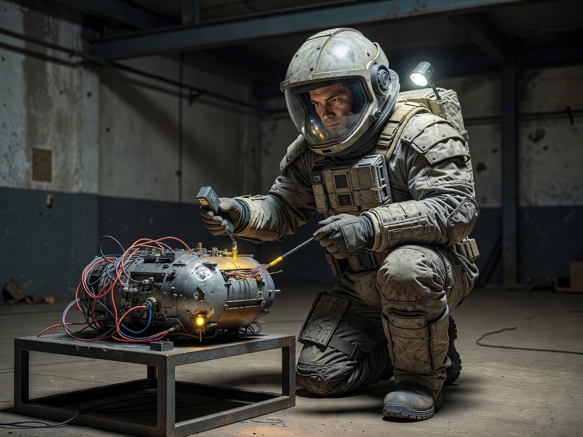 Technician in a heavy protective bomb suit examining a suspicious device